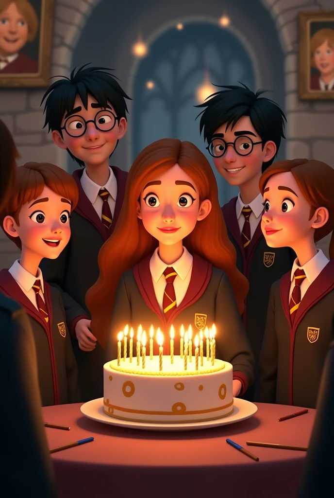 Happy birthday to Hermione with Harry's cake with 24 candles with her friends with Hogwarts uniform animation