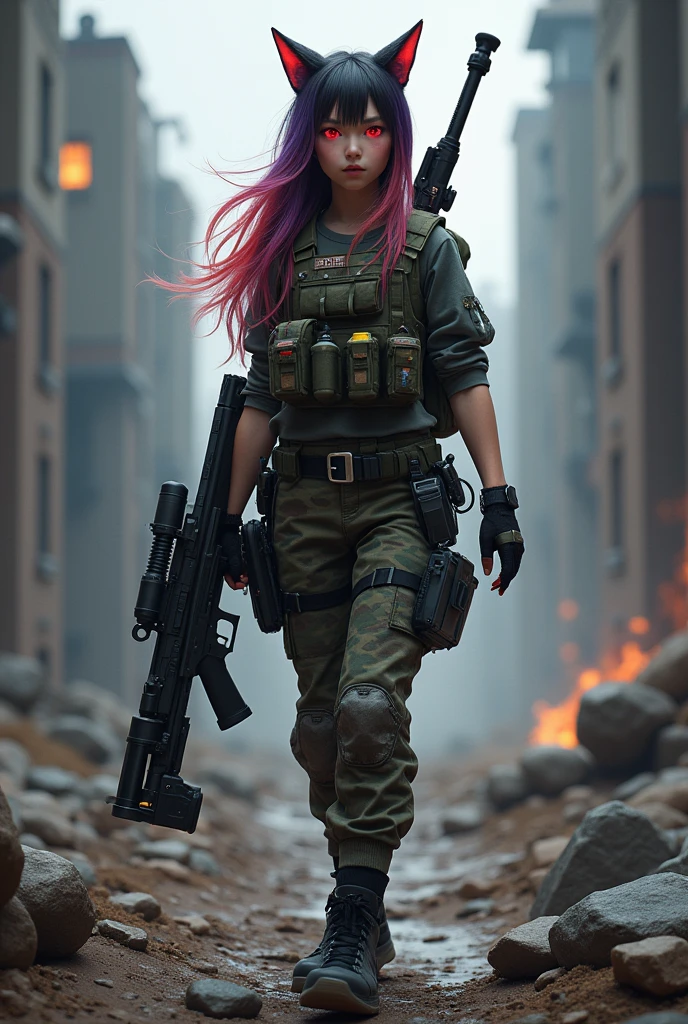 ((Best Quality)), ((masterpiece)), (detailed), (original), (realist), Girl, fire red eyes, cat ears, soft smooth skin, boca Girl, pink, glow, parts, introvert, shy, angelic, experience, Whole body, pants with belt, vest with cartridges and bullets, pistol belt on leg, knife, Military equipment, camouflage shirt, Details, bulletproof vest, black boots, survivor, war ruins background, dystopian, textura refinada glow, costume weapon rifle sniper, super long gun with telescopic sight, drone, camera, high caliber bullets, camouflage clothing, locks of red and purple hair, combat potion, evasion, gloves, schoolbag, dronees, upper rank, Elite, armored vehicles, helicopters, canteen, Angel wings,