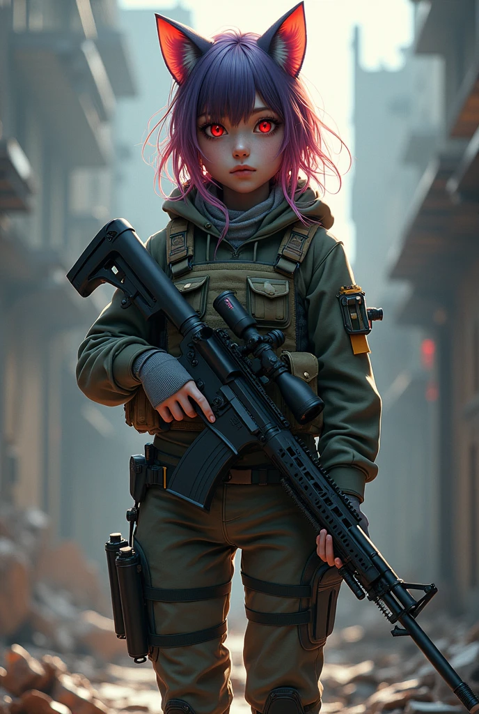 ((Best Quality)), ((masterpiece)), (detailed), (original), (realist), Girl, fire red eyes, cat ears, soft smooth skin, boca Girl, pink,  glow, parts, introvert, shy, angelic, experience, Whole body, pants with belt, vest with cartridges and bullets, pistol belt on leg, knife, Military equipment, camouflage shirt,  Details,  bulletproof vest, black boots, survivor, war ruins background, dystopian, textura refinada glow, costume weapon rifle sniper, super long gun with telescopic sight, drone, camera, high caliber bullets, camouflage clothing, locks of red and purple hair, combat potion, evasion, gloves, schoolbag, dronees, upper rank, Elite, armored vehicles, helicopters, canteen, Angel wings, 