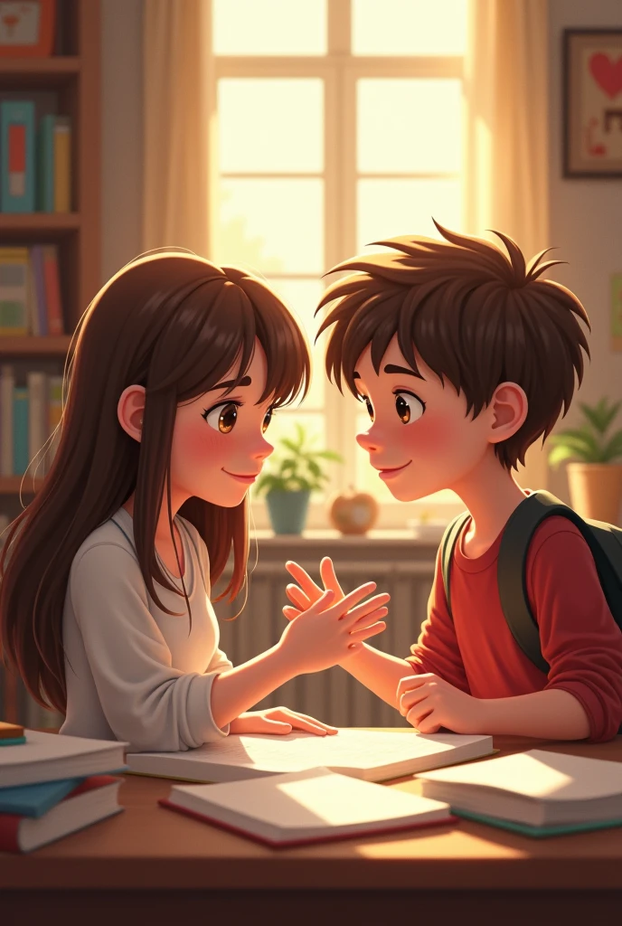A boy with short curly brown hair helping a white girl with long curly brown hair with the books