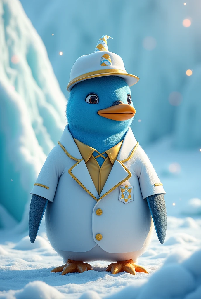Blue penguin in an ice cream man's suit With his quico cap