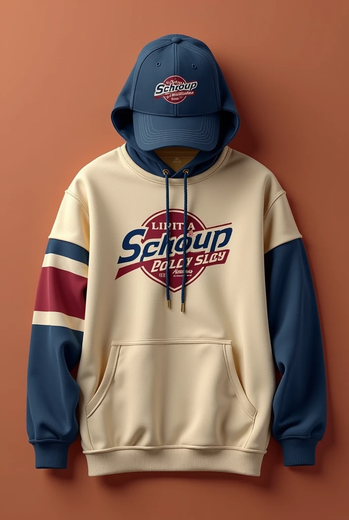 Design a  promotional sweatshirt with beige colors, red wine, dark blue, with cap and wide