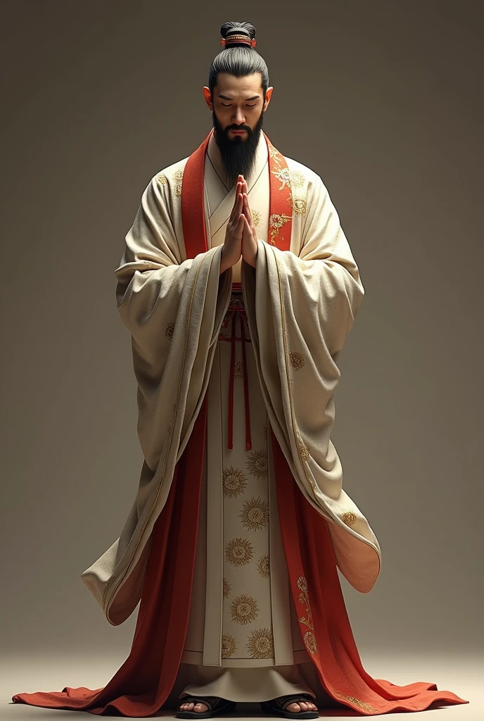 A man wearing Chinese clothing, standing a little high up, with his hands together in front of his shoulders