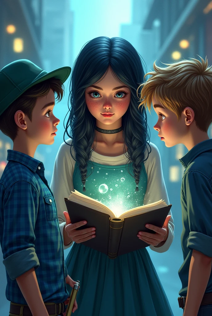 Here is the detailed description for the image:
**fund:** cerulean.
**Personagens:**
1. **naughty girl (downtown):** an 18-year-old girl, with very dark hair, skin fair, dark eyes and freckles. She holds a witch book in her hand and is looking at the boy on the right 2. **Child boy (Left):** A boy wearing a blue plaid shirt and a cap. He has black hair and white skin. He holds a notebook and a pen in his hand, and is looking at the center.
3. **Child boy (desna):** A boy with light brown hair and light eyes, looking to the right