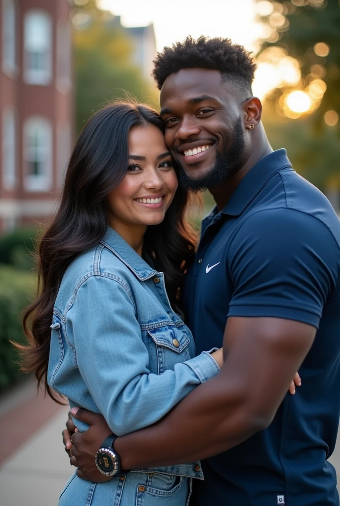 A photo of Tina Nguyen, an Asian woman at Howard university. She is Asian and Curvy as hell. Hanging with her athletic linebacker boyfriend. Colors are dark blue and white