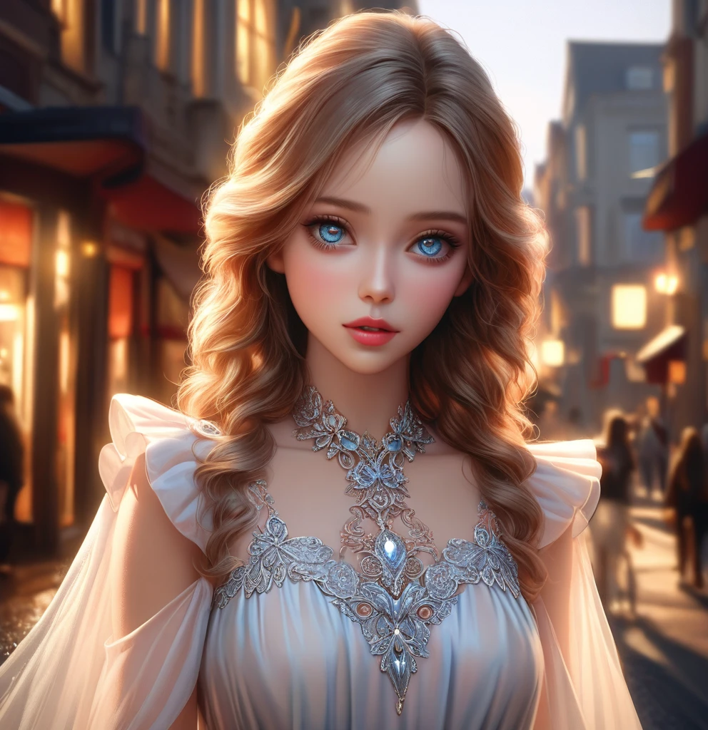 a young angelic woman, elegant and beautiful, wearing a highly detailed and stunning dress, standing alone on a street at evening time with a slightly cloudy sky, (best quality,4k,8k,highres,masterpiece:1.2),ultra-detailed,(realistic,photorealistic,photo-realistic:1.37),hyper detailed face and eyes,beautiful detailed eyes,beautiful detailed lips,extremely detailed eyes and face,longeyelashes,intricate detailed dress,delicate facial features,serene expression,cinematic lighting,dramatic shadows,moody atmosphere,warm color tones,soft focus,muted colors,dramatic lighting