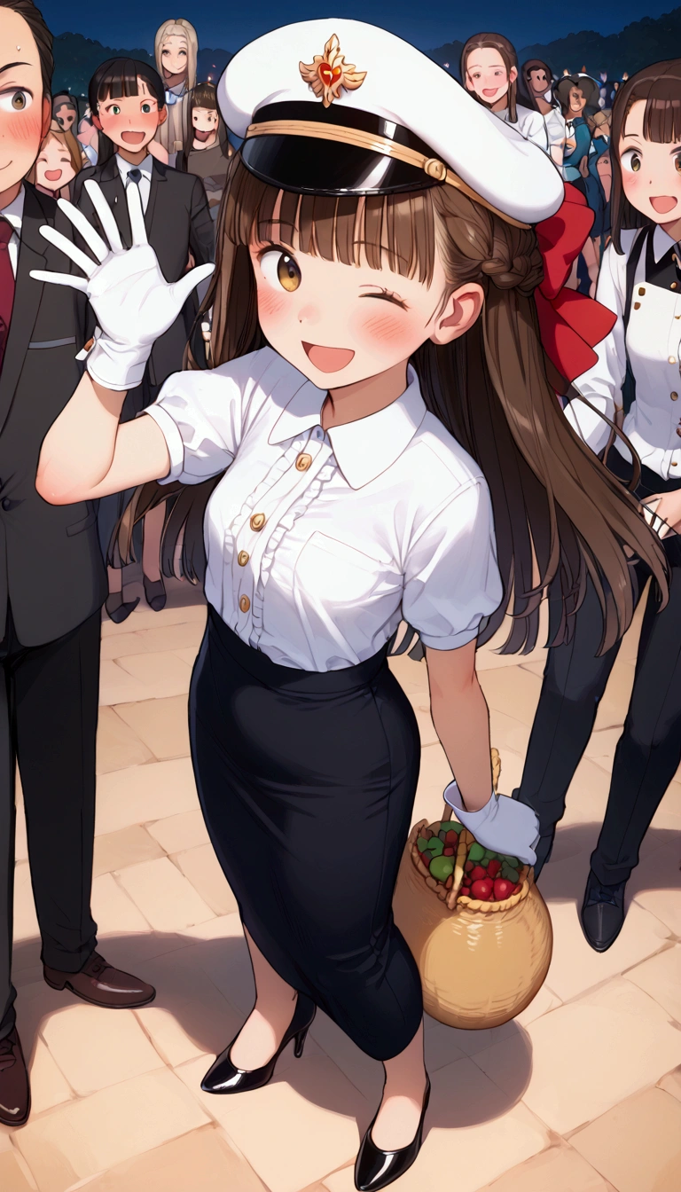 {Highest quality}, {Super beautiful},{Ultra fine},{Best illustration},Brown Hair,Hime cut,long hair,Braid,One woman,Standing Woman,Strike a pose,Adult women,smile,Excited face,Wink,Uniform cap,White Shirt,Short sleeve,long black skirt,White gloves,Night Festival,Blushing,Slender,Black high heels,barefoot,From an angle,From the back,Woman with closed legs,Waving with both hands