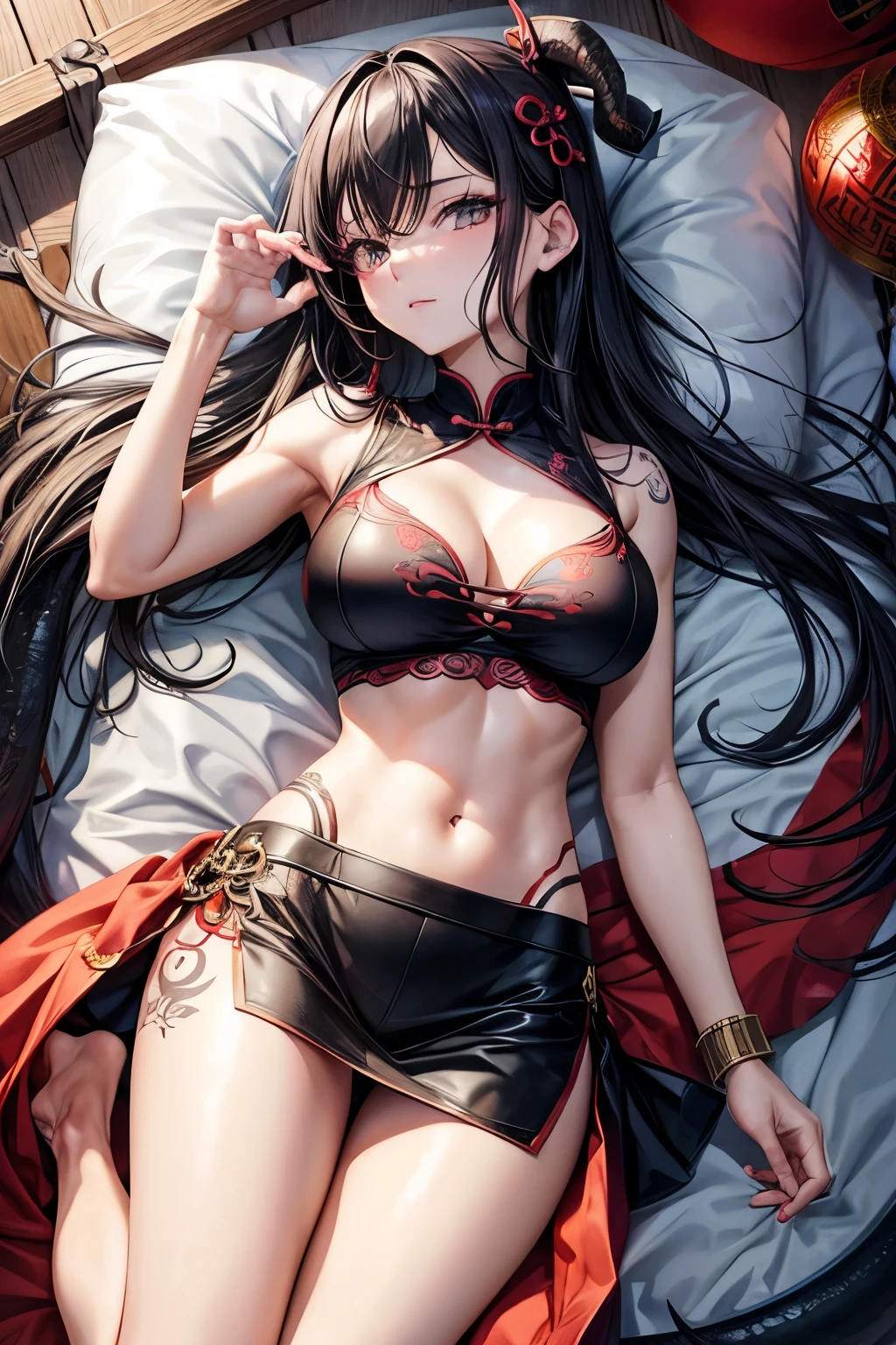 anime、、Are standing、Miniskirt China Clothing、Big Breasts、Navel、barefoot、Bold tattoos、(Dragon Tattoo)