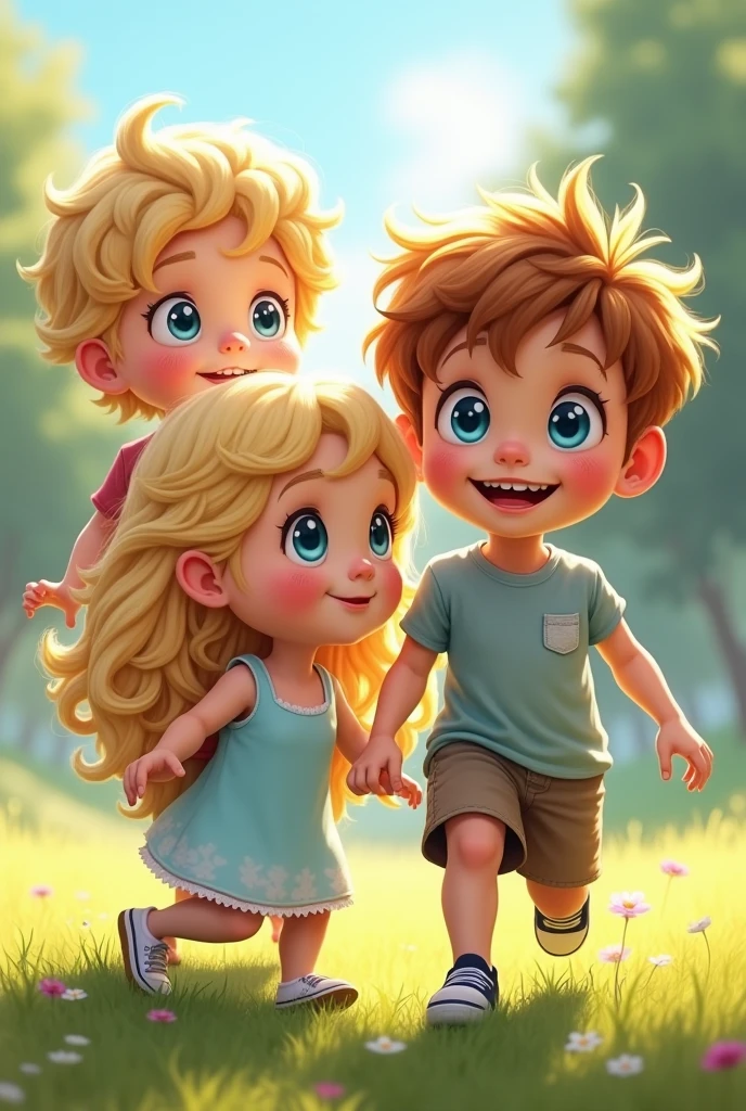 une blonde de 2 ans un garçon de 3 ans cheveux long blonds et bouclés yeux bleus en slip et tee-shirt et un garçon de 4 ans yeux bleus châtain cheveux court en tee shirt et short