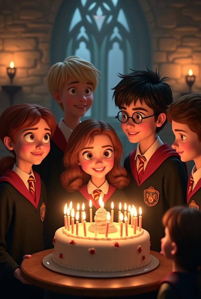 Happy birthday to Hermione with Harry's cake with 24 candles with her friends with Hogwarts uniform animation