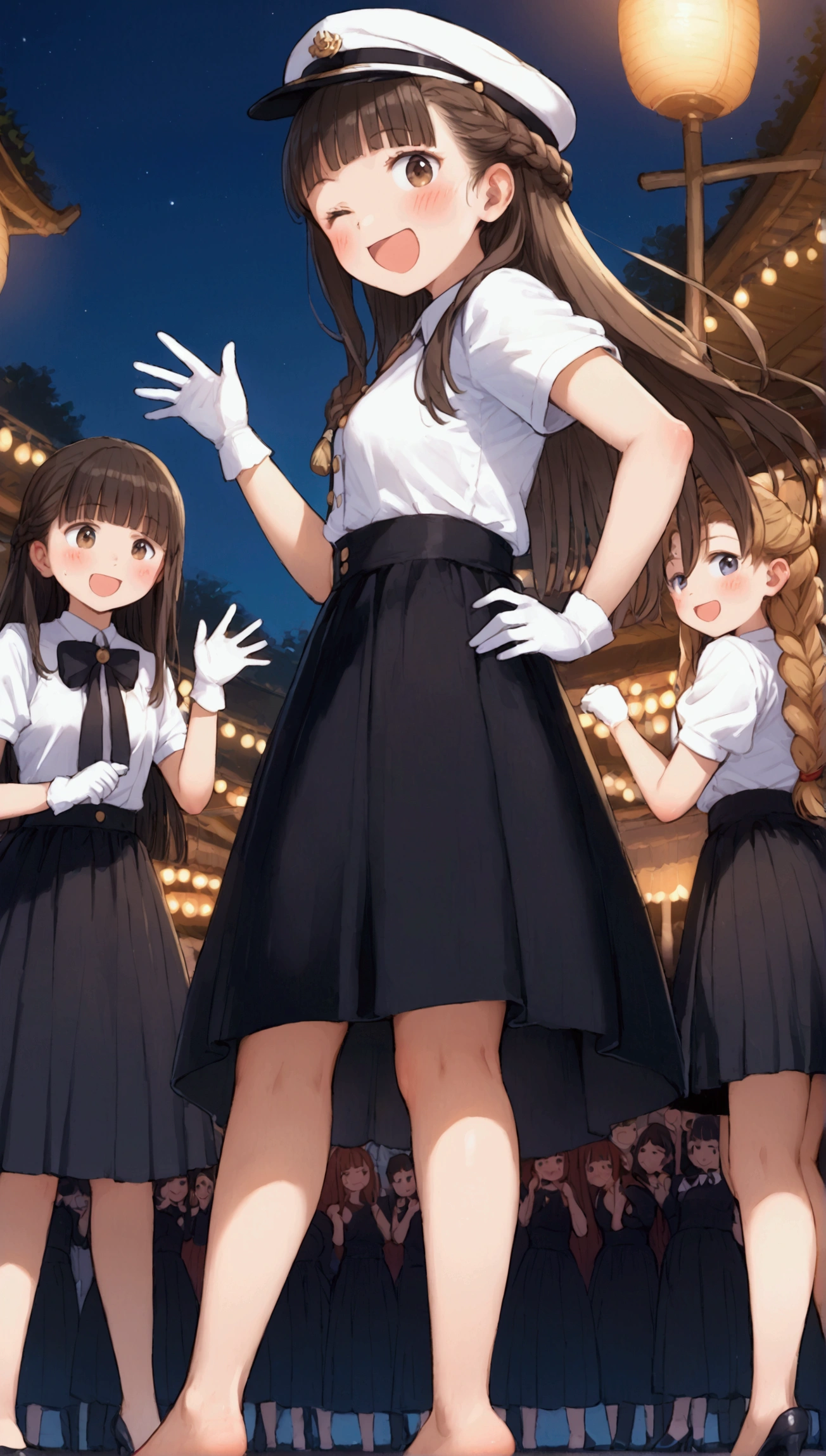 {Highest quality}, {Super beautiful},{Ultra fine},{Best illustration},Brown Hair,Hime cut,long hair,Braid,One woman,Standing Woman,Strike a pose,Adult women,smile,Excited face,Wink,Uniform cap,White Shirt,Short sleeve,long black skirt,White gloves,Night Festival,Blushing,Slender,Black high heels,barefoot,From the side,From below,Woman with closed legs,Waving with both hands