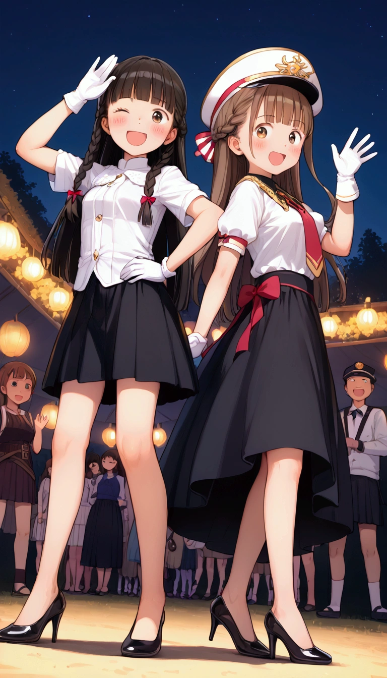 {Highest quality}, {Super beautiful},{Ultra fine},{Best illustration},Brown Hair,Hime cut,long hair,Braid,One woman,Standing Woman,Strike a pose,Adult women,smile,Excited face,Wink,Uniform cap,White Shirt,Short sleeve,long black skirt,White gloves,Night Festival,Blushing,Slender,Black high heels,barefoot,From the side,From below,Woman with closed legs,Waving with both hands
