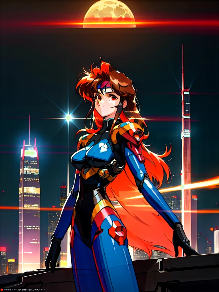 Kenichi Sonoda, retro art-style, 90s Japanese Anime Style, "bubblegum crisis", Sci-fi, Cyberpunk, Neon, Dystopia, (In the neon-drenched skyline of Mega Tokyo's towering skyscrapers, Priss, a stunning 20-year-old anime beauty, stands solo on the spire of a gleaming high-rise, bathed in the radiant glow of the full moon. Her striking features are accentuated by her dark blue metal hard suit adorned with vibrant orange lines, inspired by Syd Mead's industrial mechanic design. Her brown medium-length hair frames her sharp-eyed gaze, as she smizes confidently at the viewer. With fearless determination etched on her face, Priss stands tall on tiptoes, her entire being exuding an aura of cool and stylish elegance. The smooth curves of her shadow cast against the lunar backlight create a mesmerizing silhouette, showcasing her unparalleled beauty under the watchful eye of the city's towering skyscrapers.), The main character, "Priss", 1girl, solo, 20yo, anime beauty, Cool beauty, Unparalleled beauty, Brown medium length hair, red eyes, Sharp eye, dark blue metal hard suit with orange lines, fearless look, smile, Standing alone in the backlight, he looks cool and stylish., looking at viewer, close-up photography of upper body, Depth of field, character focus, (masterpiece, anime cg, official art, work of art, Award-winning work, extreme quality, ultra high definition, all intricate, overall detailed, finely detailed, super detailed, very aesthetic, boast pompously, focus on entire screen, asymmetrical, raytraced, caustics, textile shading, incredibly absurd resolution, absolutely resolution, ultra high resolution, professional, vivid colors, perfect anatomy, ideal facial features, beautiful detailed face, ideally proportioned figure, perfectly beautiful body),
