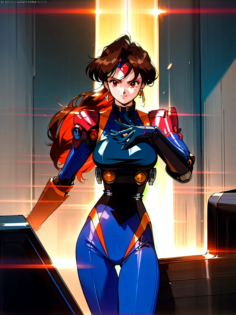 Kenichi Sonoda, retro art-style, 90s Japanese Anime Style, "bubblegum crisis", Sci-fi, Cyberpunk, Neon, Dystopia, (In the neon-drenched skyline of Mega Tokyo's towering skyscrapers, Priss, a stunning 20-year-old anime beauty, stands solo on the spire of a gleaming high-rise, bathed in the radiant glow of the full moon. Her striking features are accentuated by her dark blue metal hard suit adorned with vibrant orange lines, inspired by Syd Mead's industrial mechanic design. Her brown medium-length hair frames her sharp-eyed gaze, as she smizes confidently at the viewer. With fearless determination etched on her face, Priss stands tall on tiptoes, her entire being exuding an aura of cool and stylish elegance. The smooth curves of her shadow cast against the lunar backlight create a mesmerizing silhouette, showcasing her unparalleled beauty under the watchful eye of the city's towering skyscrapers.), The main character, "Priss", 1girl, solo, 20yo, anime beauty, Cool beauty, Unparalleled beauty, Brown medium length hair, red eyes, Sharp eye, dark blue metal hard suit with orange lines, fearless look, smile, Standing alone in the backlight, he looks cool and stylish., looking at viewer, close-up photography of upper body, Depth of field, character focus, (masterpiece, anime cg, official art, work of art, Award-winning work, extreme quality, ultra high definition, all intricate, overall detailed, finely detailed, super detailed, very aesthetic, boast pompously, focus on entire screen, asymmetrical, raytraced, caustics, textile shading, incredibly absurd resolution, absolutely resolution, ultra high resolution, professional, vivid colors, perfect ???????, ideal facial features, beautiful detailed face, ideally proportioned figure, perfectly beautiful body),
