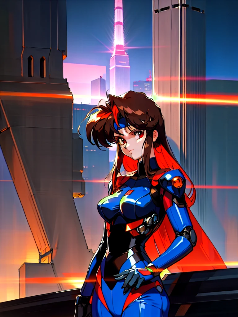Kenichi Sonoda, retro art-style, 90s Japanese Anime Style, "bubblegum crisis", Sci-fi, Cyberpunk, Neon, Dystopia, (In the neon-drenched skyline of Mega Tokyo's towering skyscrapers, Priss, a stunning 20-year-old anime beauty, stands solo on the spire of a gleaming high-rise, bathed in the radiant glow of the full moon. Her striking features are accentuated by her dark blue metal hard suit adorned with vibrant orange lines, inspired by Syd Mead's industrial mechanic design. Her brown medium-length hair frames her sharp-eyed gaze, as she smizes confidently at the viewer. With fearless determination etched on her face, Priss stands tall on tiptoes, her entire being exuding an aura of cool and stylish elegance. The smooth curves of her shadow cast against the lunar backlight create a mesmerizing silhouette, showcasing her unparalleled beauty under the watchful eye of the city's towering skyscrapers.), The main character, "Priss", 1girl, solo, 20yo, anime beauty, Cool beauty, Unparalleled beauty, Brown medium length hair, red eyes, Sharp eye, dark blue metal hard suit with orange lines, fearless look, smile, Standing alone in the backlight, he looks cool and stylish., looking at viewer, close-up photography of upper body, Depth of field, character focus, (masterpiece, anime cg, official art, work of art, Award-winning work, extreme quality, ultra high definition, all intricate, overall detailed, finely detailed, super detailed, very aesthetic, boast pompously, focus on entire screen, asymmetrical, raytraced, caustics, textile shading, incredibly absurd resolution, absolutely resolution, ultra high resolution, professional, vivid colors, perfect anatomy, ideal facial features, beautiful detailed face, ideally proportioned figure, perfectly beautiful body),