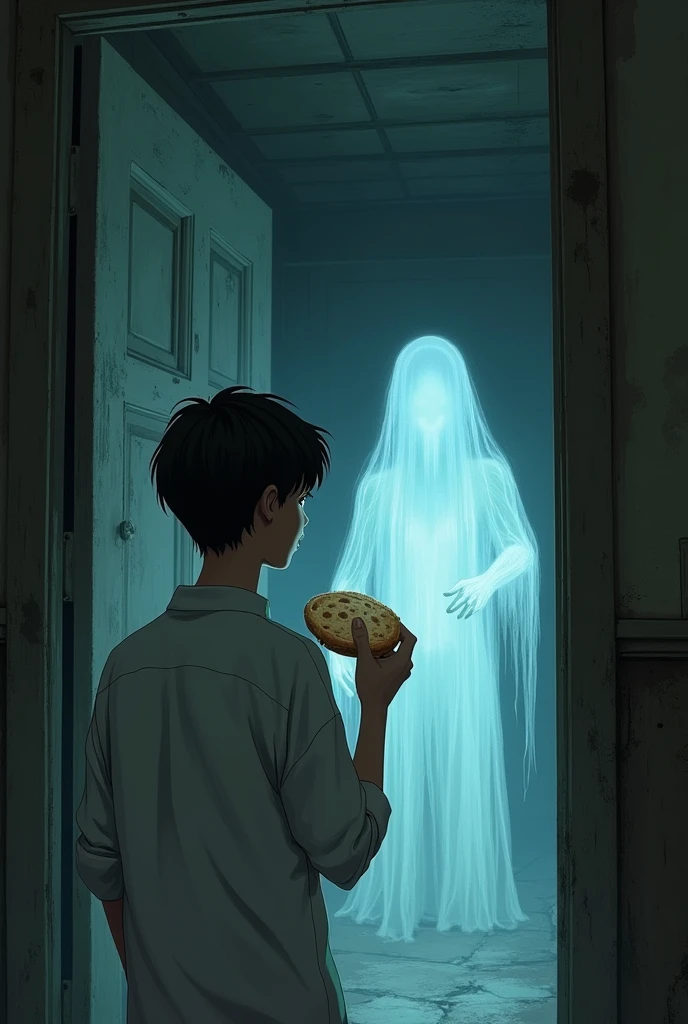 A boy 18 year old in a white shirt eats a piece of bread inside a haunted house and sees a ghost.