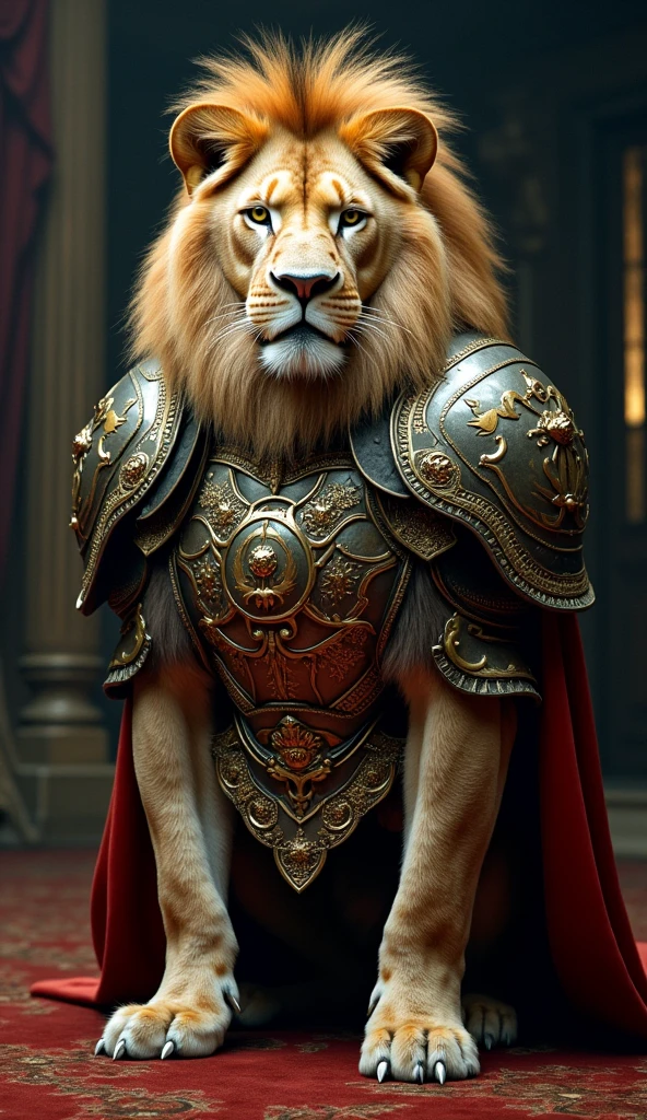a lion in armor poses for a photo, cinematic plan, Fujifilm XT3, Canon R5, Fujicolor Fujichrome Velvia 100