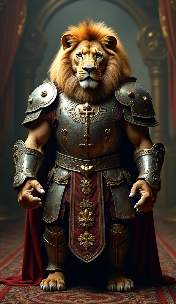 a lion in armor poses for a photo, cinematic plan, Fujifilm XT3, Canon R5, Fujicolor Fujichrome Velvia 100