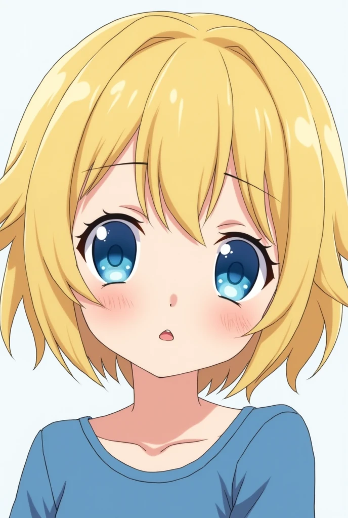 Girl bright blue eyes short blonde hair blue clothes anime