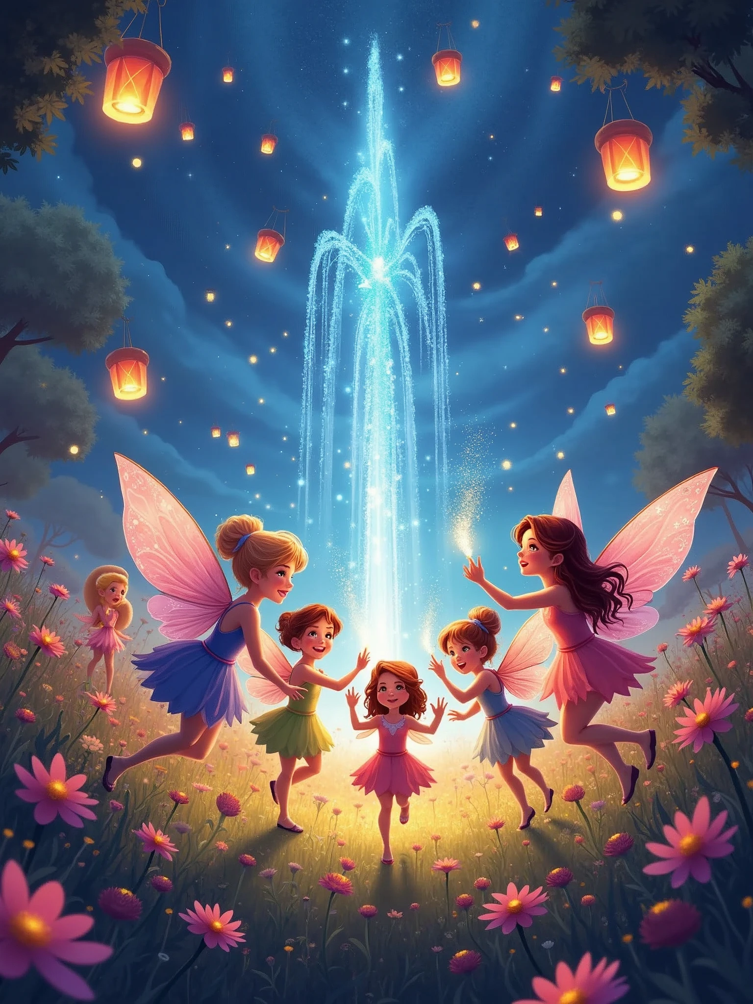 Infinity" realm" Magic" Celebration" create a magical scene in the heart of a fairy kingdom. Show a group of fairies and fantastic creatures celebrating an enchanted . Fairies are dancing in a field of bright flowers, with an atmosphere of pure joy. Each fairy displays an expression of intense happiness and pleasure., with radiant smiles and shining eyes. Some fairies are throwing magic dust that lights up the scene with vibrant colors. The scene should include floating lanterns, A starry sky, and a magic fountain in the background. Lighting should enhance the bright details and the sense of enchantment. low angle, focusing on a panoramic view of the . High definition pixel, to capture subtle details of magical expressions and elements. Filter with vibrant colors and glow effects to enhance the magical atmosphere. Framing including several fairies in different poses, interacting happily, with the magic fountain and lanterns in the background.