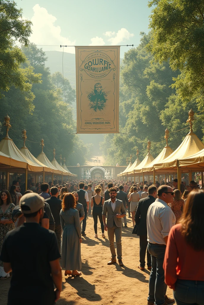 An image with the event theme "gourmet ", several middle class people smoking marijuanage outdoor event with a banner saying "gourmet marijuana".
