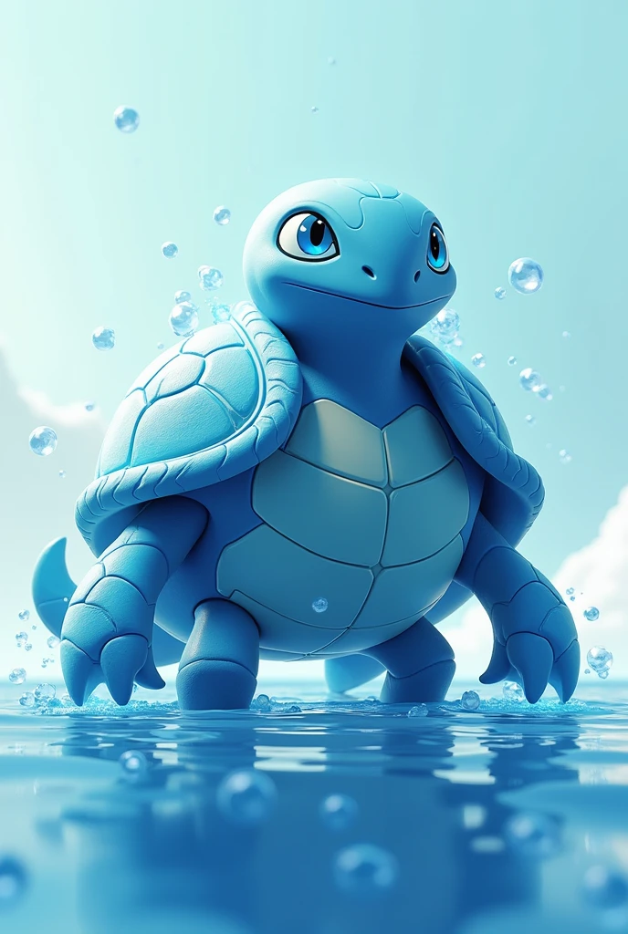 Create a 3D stylized illustration for 'Tidalix,' a turtle-like creature representing the water element. The design should maintain the modern look of the SOLMON logo, featuring a textured shell with glowing, wave-like patterns. Tidalix should be depicted in a sturdy, protective pose, with water flowing seamlessly from its limbs. The background should be minimalistic, with a focus on aquatic elements and digital bubbles that complement Tidalix's serene yet powerful presence.