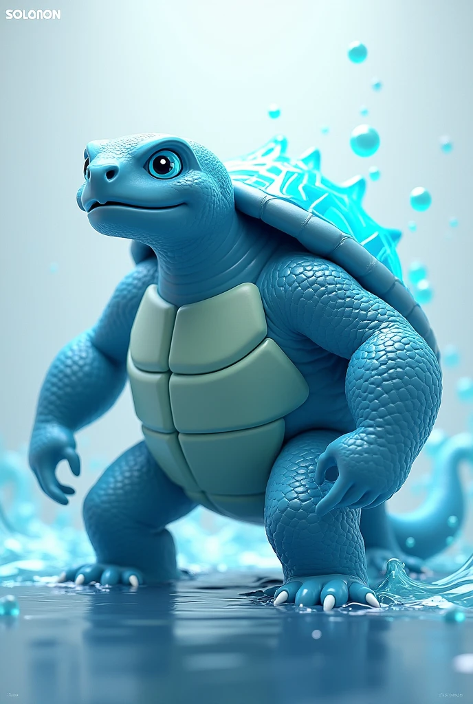Create a 3D stylized illustration for 'Tidalix,' a turtle-like creature representing the water element. The design should maintain the modern look of the SOLMON logo, featuring a textured shell with glowing, wave-like patterns. Tidalix should be depicted in a sturdy, protective pose, with water flowing seamlessly from its limbs. The background should be minimalistic, with a focus on aquatic elements and digital bubbles that complement Tidalix's serene yet powerful presence.