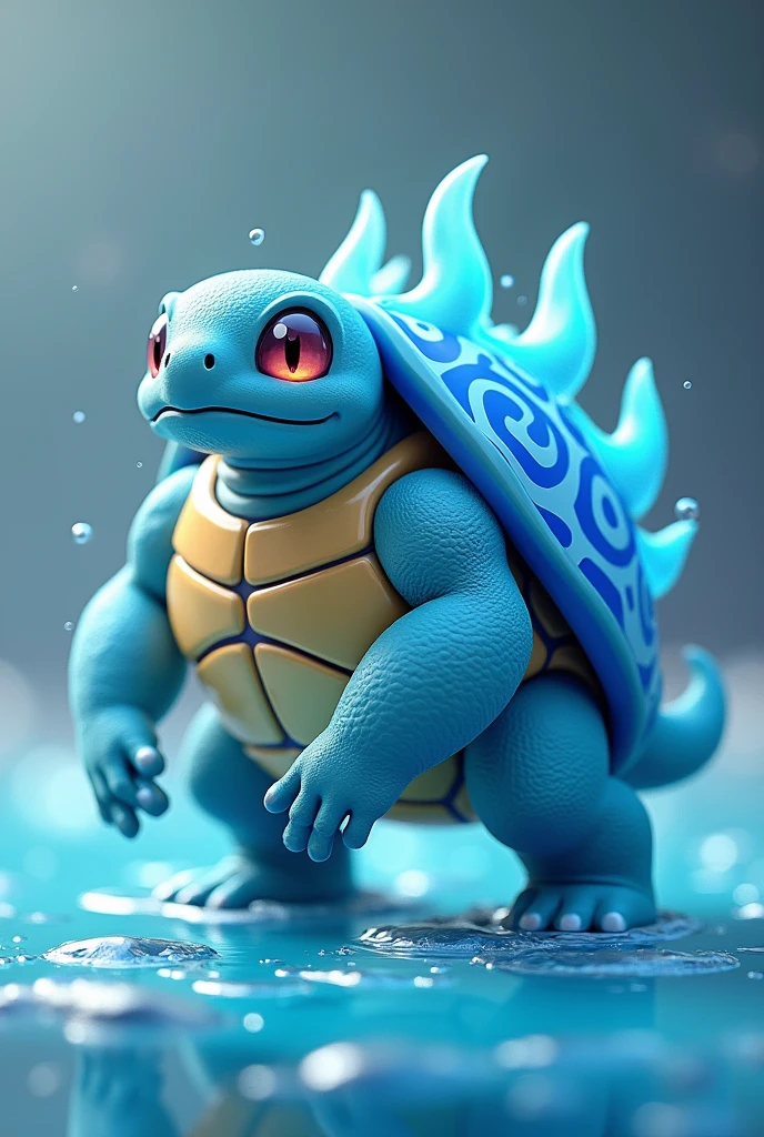 Create a 3D stylized illustration for 'Tidalix,' a turtle-like creature representing the water element. The design should maintain the modern look of the SOLMON logo, featuring a textured shell with glowing, wave-like patterns. Tidalix should be depicted in a sturdy, protective pose, with water flowing seamlessly from its limbs. The background should be minimalistic, with a focus on aquatic elements and digital bubbles that complement Tidalix's serene yet powerful presence.