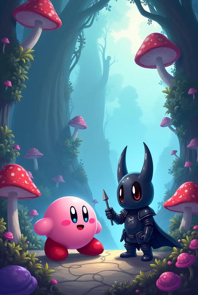 You can create an image of kirby from the kirby game and the main character from the hollow knight game the two together