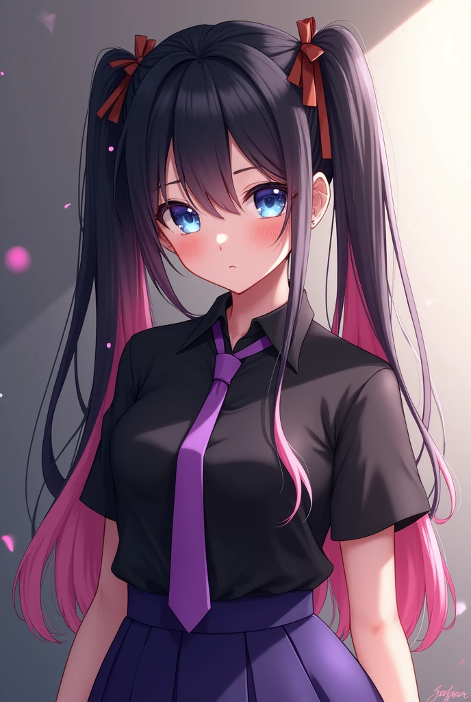 
(email) ((Highest quality))、(masterpiece)、(Realistic Shadows)、NSFW、(１6  beautiful girl),(Subjective)、cropped torso、Twin tails、Long Hair、(colored inner hair　black hair + pink inner hair)、Brown hair ribbon、Blue eyes、Black shirt、Purple tie、pencil skirt