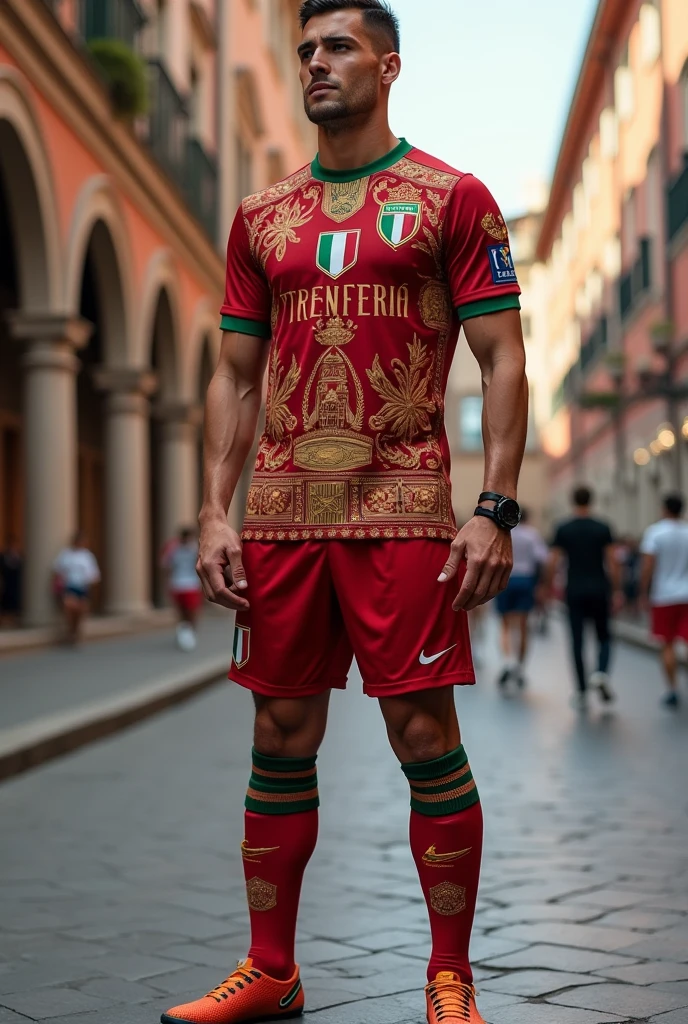 Make another Italy uniform with elements of Italian culture with the base color of the dark red shirt