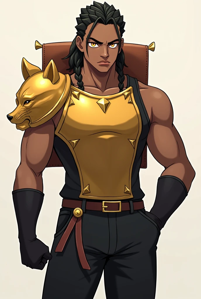 black male, youthful-looking, braided hair, amber eyes, angry look, wearing a black tank top, wearing black pants, wearing golden chest armor, wearing a lion's head shaped shoulder pad, using a small leather backrest, Knights of the Zodiac style, anime styling, Full-body image