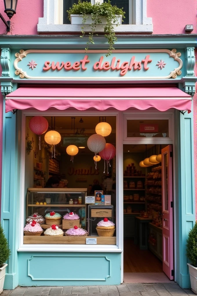 "A picture of the facade of a cozy and colorful bakery, with a striking sign that says &#39;sweet delight&#39;. The sign is decorated with sweet motifs and pastel colors."