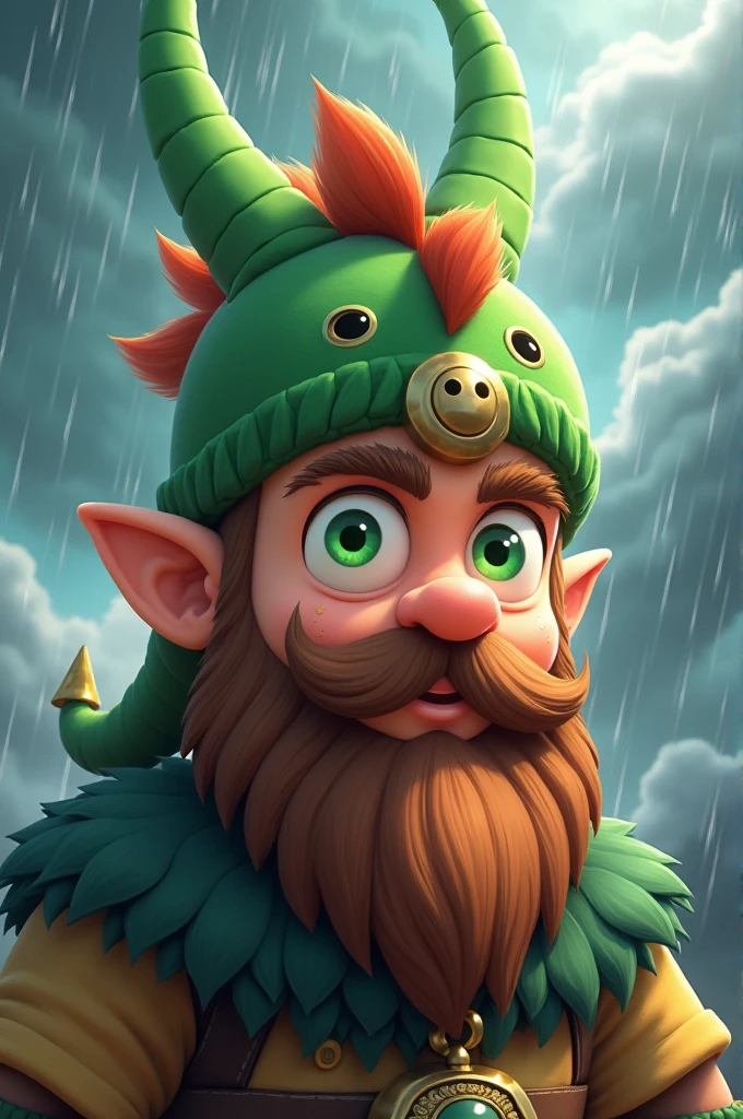 Animated anime style a cute vikings style man he has samurai style hair shaved on the sides he is wearing a plush cap in the shape of a cute green dragon he has bright green eyes and his long beard with pendant the scene he is in is a storm his beard is brown 