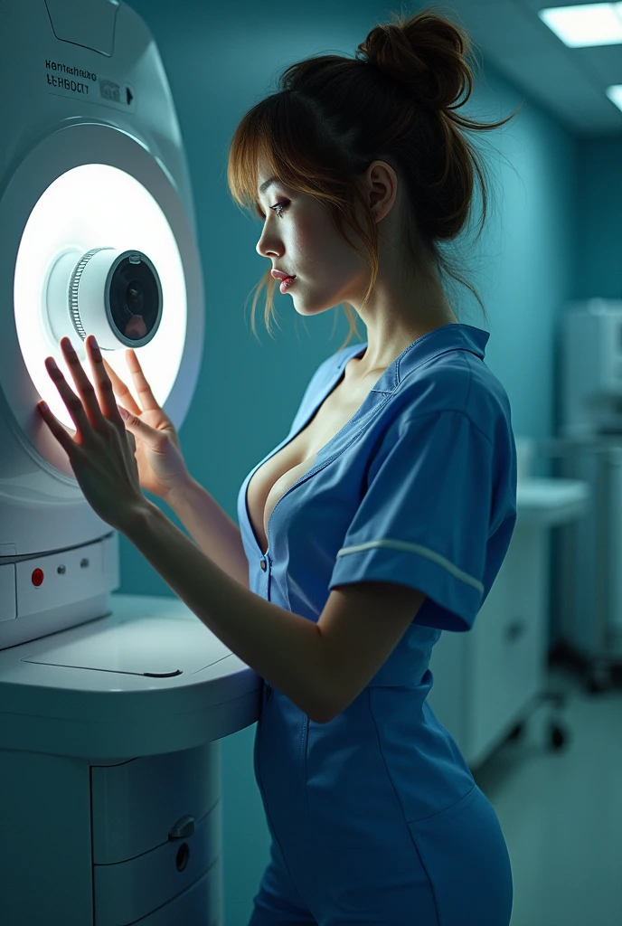 Image of a sexy nurse in a low-cut blue uniform and tight pants playing with a medical scanner