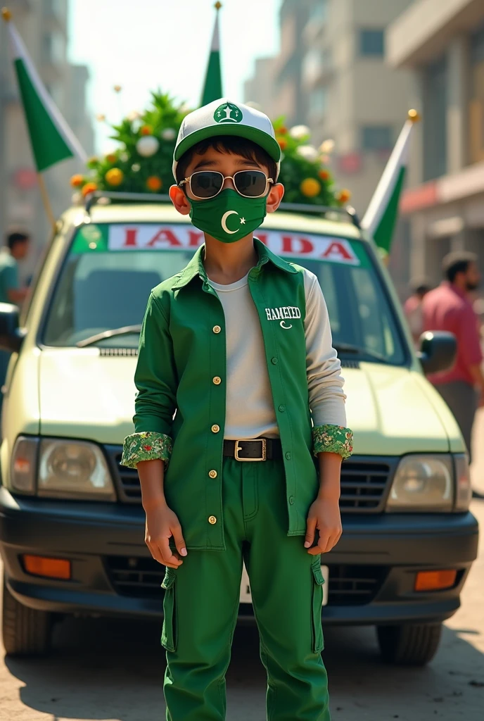 Create a realistic image of a young man standing in front of a green Toyota Vigo decorated with the Pakistani flag. He wears a half-green, half-white shirt with "HAMEED" and a star, green pants with sunglasses white crescent and star, green shoes, green and white cap, and a green mask with a white crescent and star. The background city , creating a festive Independence Day atmosphere