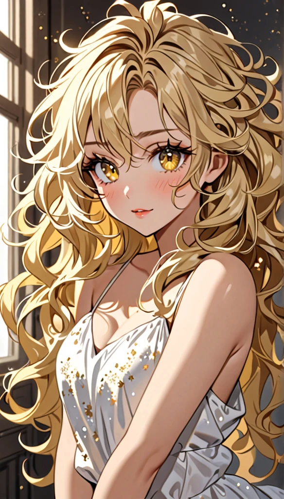 Beautiful and blond messy styled hair, best quality, beautiful woman, amorous expression, blonde messy wavy hair, light blonde hair, yellow eyes, make-up, free arms, sparkly fluffy, flaunting her hair
