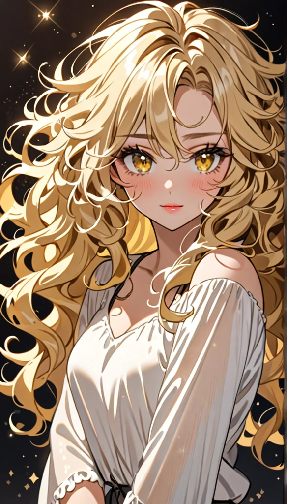 Beautiful and blond messy styled hair, best quality, beautiful woman, amorous expression, blonde messy wavy hair, light blonde hair, yellow eyes, make-up, free arms,  sparkly fluffy, flaunting her hair