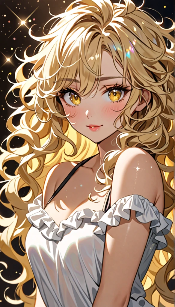 Beautiful and blond messy styled hair, best quality, beautiful woman, amorous expression, blonde messy wavy hair, light blonde hair, yellow eyes, make-up, free arms, sparkly fluffy, flaunting her hair