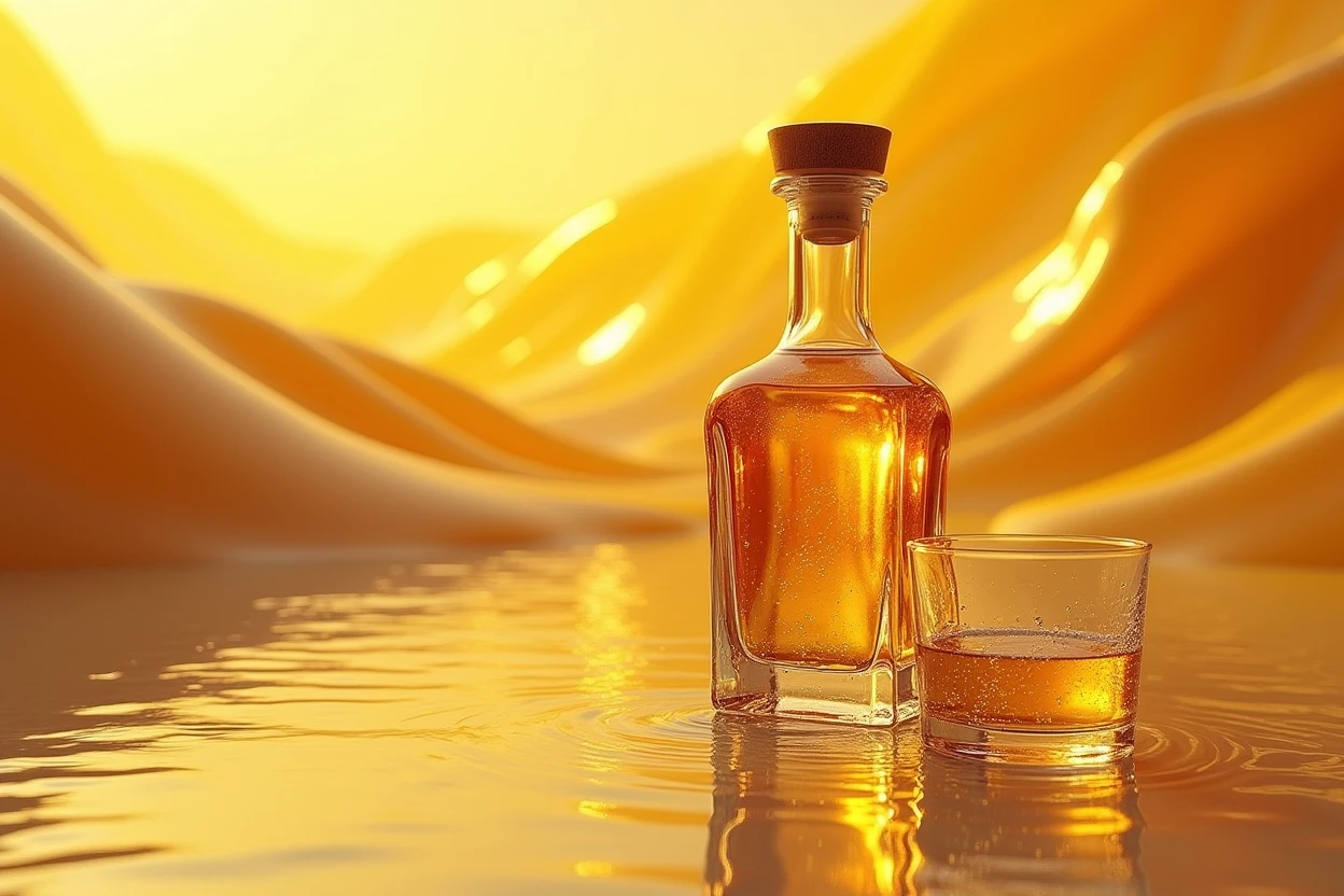 tequila bottle with glass on a mirror surface with fresh gold sunny waves background realistic