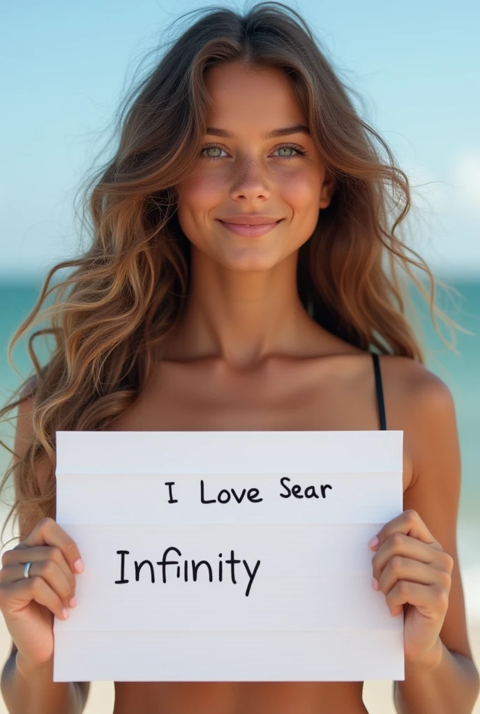 Beautiful girl with wavy long hair, No clothes, holding a white board with text "I Love Seaart Infinity" and showing it to the viewer  but you See all her tits