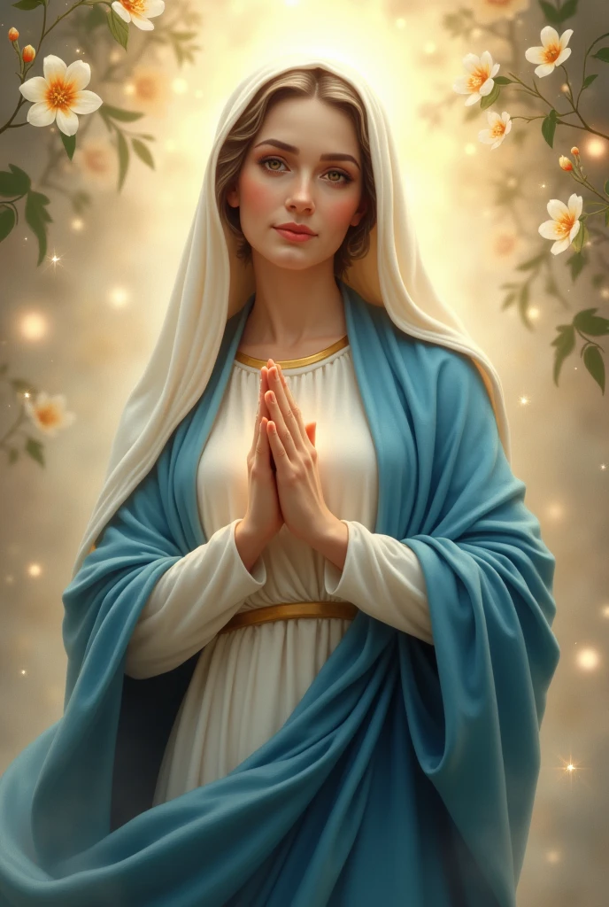"Create an image of the Virgin Mary with a serene and maternal expression. She should be wearing a blue and white cloak, symbolizing purity and protection. The background can be a heavenly environment with a soft, golden light, highlighting her figure. Her expression should convey calm and compassion, and around her there can be small details such as flowers or stars to accentuate the divine atmosphere."