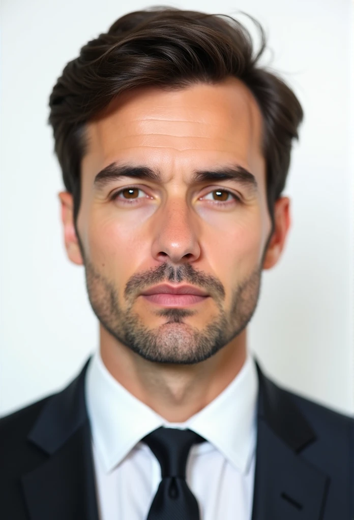 Create a realistic passport photo of a man in his 30s with dark brown hair, normal build and light stubble. The man should wear a formal suit with a tie and the background should be plain white, in line with passport photo requirements. His hair should be cut short, the hair should be too short to be combed. Must have a neutral expression without a smile. But not too short. The image should resemble a real photo taken in a professional studio. the jaw structure should be oval and the neck structure should be normal.