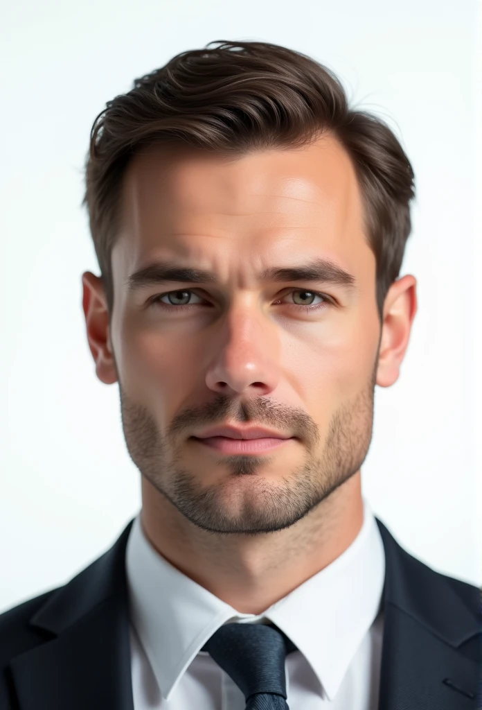 Create a realistic passport photo of a man in his 30s with dark brown hair, normal build and light stubble. The man should wear a formal suit with a tie and the background should be plain white, in line with passport photo requirements. His hair should be cut short, the hair should be too short to be combed. Must have a neutral expression without a smile. But not too short. The image should resemble a real photo taken in a professional studio. the jaw structure should be oval and the neck structure should be normal.