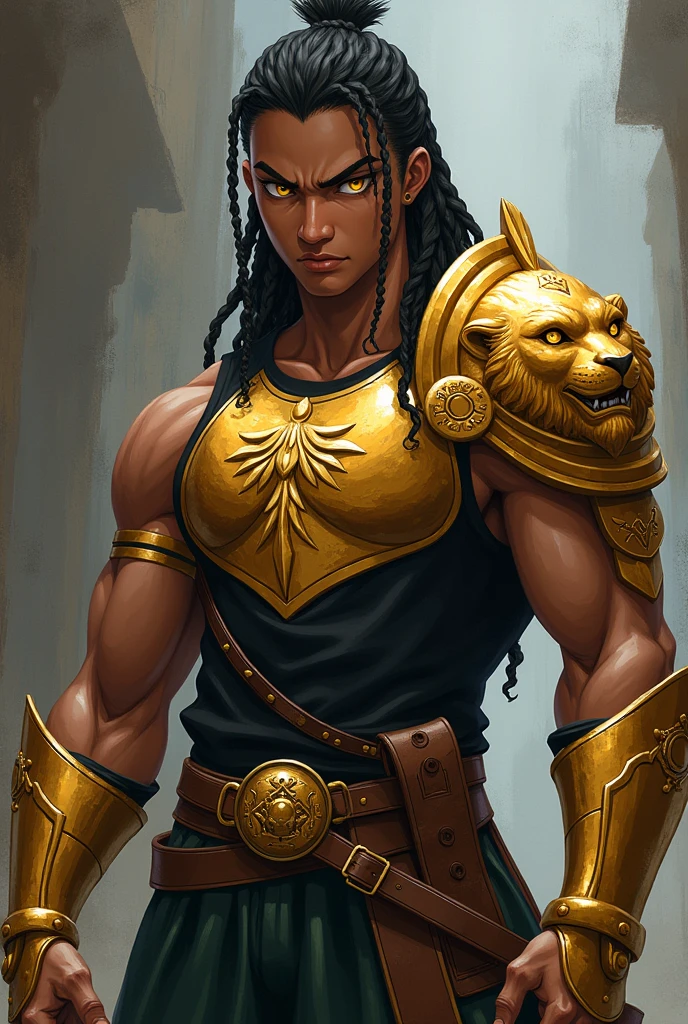 black male, youthful-looking, braided hair, amber eyes, angry look, wearing a black tank top, wearing black pants,  wearing golden chest armor, wearing a lion&#39;s head shaped shoulder pad,  using a small leather backrest, Knights of the Zodiac style, anime styling, Full-body image 