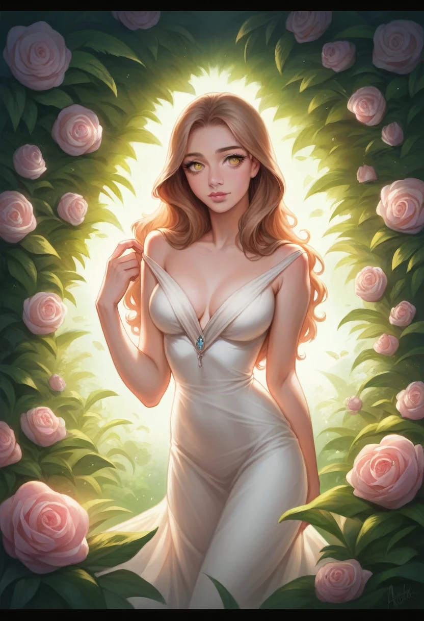 a girl wearing bardot dress,standing in a lush garden,beautiful detailed eyes,beautiful detailed lips,extremely detailed face,long eyelashes,elegant,graceful pose,golden hour lighting,soft focus,cinematic composition,pastel colors,dreamy,romantic,high quality,8k,photorealistic,masterpiece