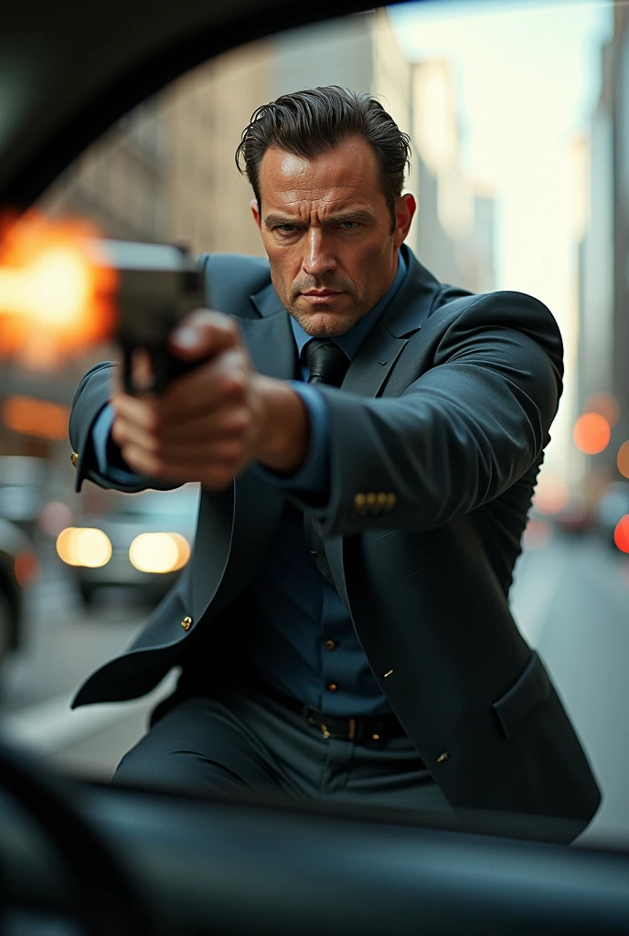 Strong man in suit, with his head and torso out of the car window shooting with a gun in his hand 