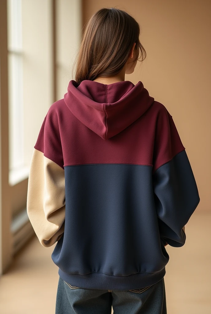 Design a 11th grade promotional sweatshirt with beige colors, red wine, dark blue, hooded and wide