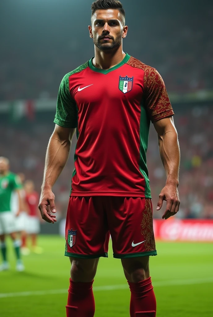 Make another Italy uniform with elements of Italian culture with the base color of the dark red shirt I just want the image of the uniform 