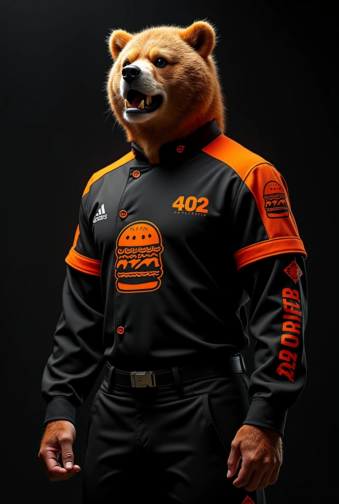 Design a uniform for a hamburger restaurant called 402 BURGER that contains a mascot that is an animal that is representative of a hamburger restaurant that is fierce that the uniform is black with orange details and that it is disruptive innovation 